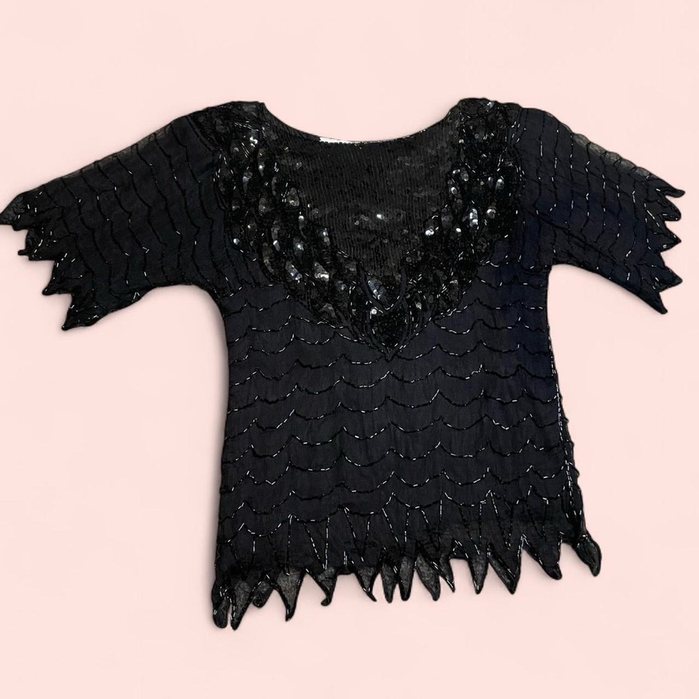 Miss Paillette beaded sequin silk short sleeved blouse with jagger hems
